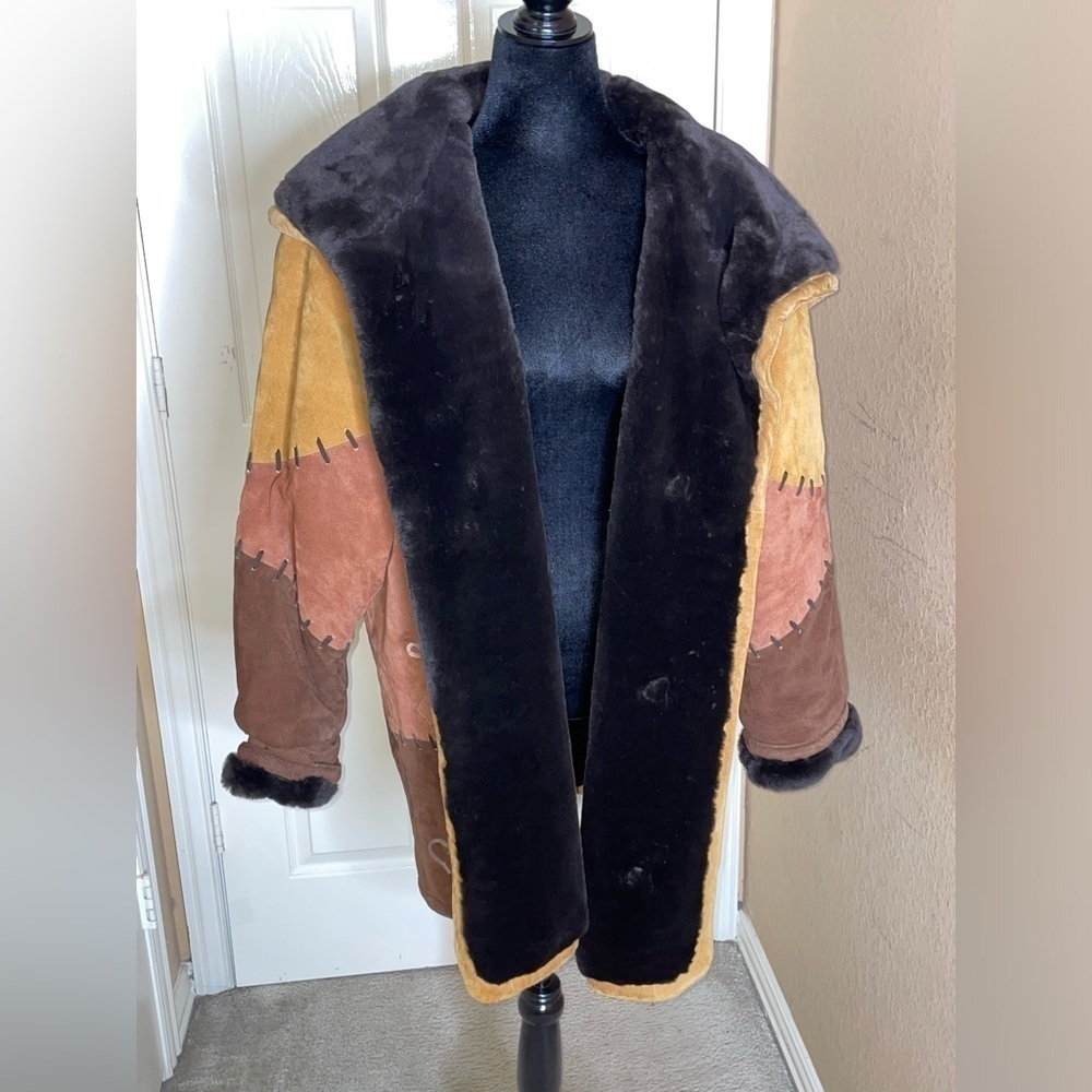 Women's Vintage Heavy G3 Suede Leather Coat with Black Faux Fur Collar Medium‍‍﻿